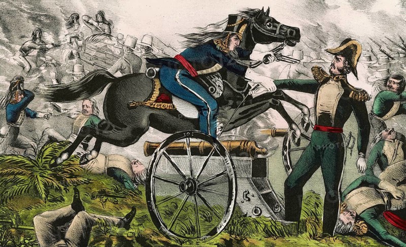 Lithograph by Nathaniel Currier from 1846 titled Battle of Resaca de la Palma, May 9th 1846 — Capture of Genl. Vega by the Gallant Capt. May. It depicts the capture of Mexican General Rómulo Díaz de la Vega by US Captain Charles May during the Battle of Resaca de la Palma in the Mexican-American War, American history, authentic, digitally restored reproduction from a 19th century original, exact date of presentation unknown, historical