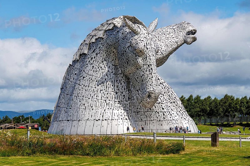 The Kelpies, designed by Andy Scott, a pair of monumental, 30-metre-high steel horse-head sculptures standing as the largest equine sculptures in the world over the Forth and Clyde Canal, the Helix parkland near Falkirk, Scotland, United Kingdom