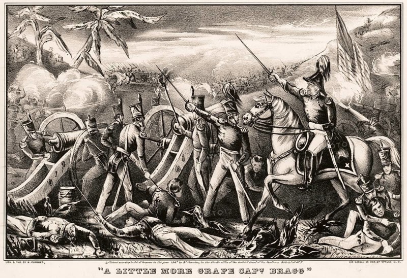 Lithograph titled A Little More Grape, Capt. Bragg from 1847, key scene from the Mexican-American War, depicting the triumph of US troops under General Zachary Taylor in the Battle of Buena Vista on February 23, 1847, authentic, digitally restored reproduction from a 19th century original, exact date of depiction unknown, historical