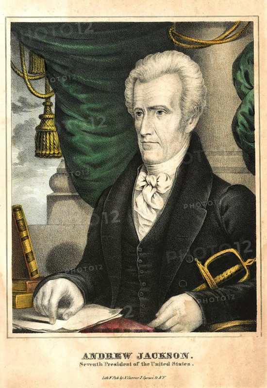 Andrew Jackson (born 15 March 1767 in the Waxhaws, died 8 June 1845 near Nashville, Tennessee) was an American politician and the seventh President of the United States from 1829 to 1837. Together with Martin Van Buren, he founded the Democratic Party of the USA, American history, authentic, digitally restored reproduction of a 19th-century original, exact date of the depiction unknown, historical
