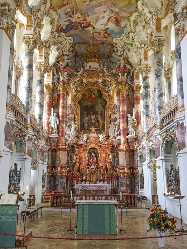 Large light-flooded oval central room of Wieskirchn Wieskirchn with magnificent ceiling fresco by Johann Baptist Zimmermann, Wieskirche pilgrimage church to the Geisselten Heiland, district of Wies municipality of Steingaden, Upper Bavarian district of Weilheim-Schongau, Pfaffenwinkel region, southern Bavaria, Bavaria, Germany