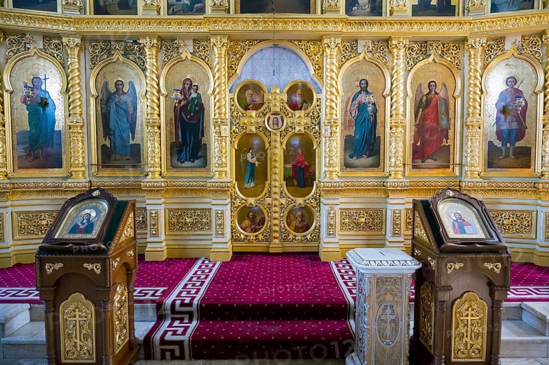 Detailed iconostasis with icons in an Orthodox church, Capriana monastery, Capriana, Stra?eni district, Straseni, Republic of Moldova, Moldova