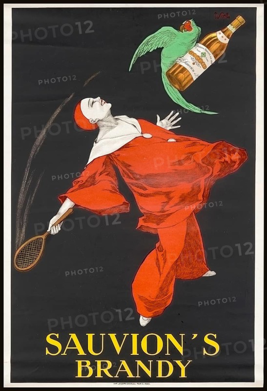 Advertising poster, beverage advertisement, advertising poster from the 1920s for Sauvion's brandy. It shows a joyful Pierrot figure dressed in red swinging a tennis racket while a green parrot flies in a bottle of Sauvion's brandy, authentic reproduction of a historical advertising poster, advertising sign, in high resolution, historical