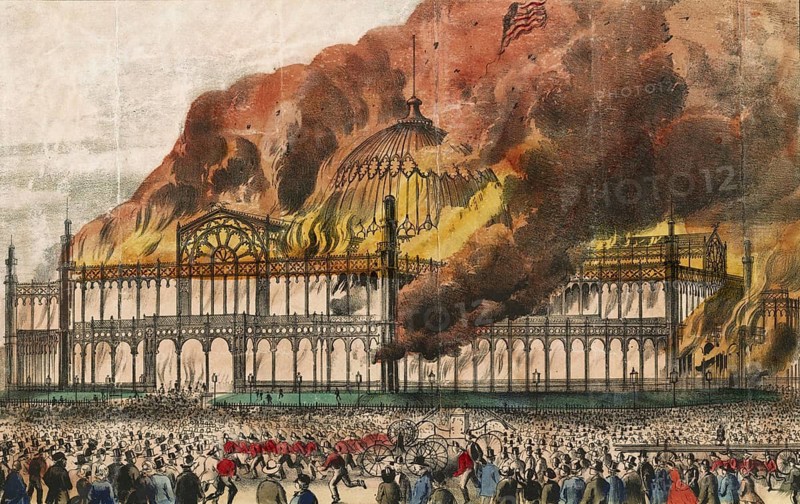 Fire at the New York Crystal Palace in present-day Bryant Park during the American Institute's Annual Fair. The exhibition building built of iron and glass fell into flames on October 5, 1858, authentic, digitally restored reproduction in high resolution from a 19th century model, exact date of presentation unknown, American history, historical