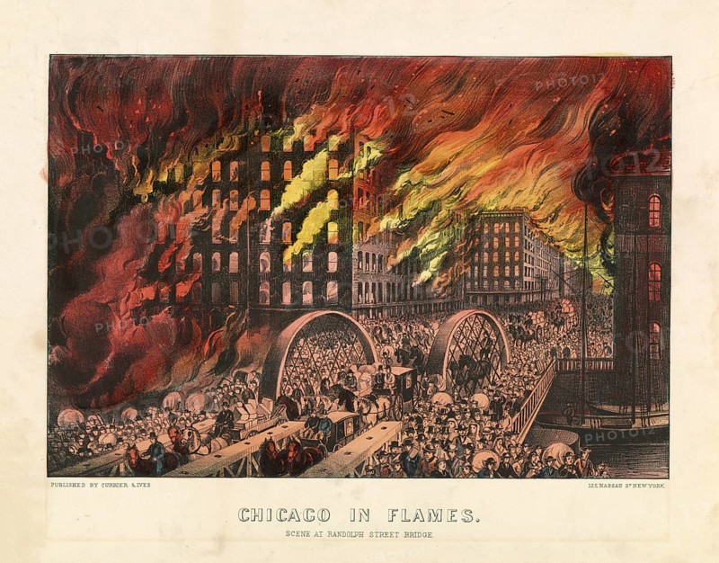 The Great Fire of Chicago, Great Chicago Fire, which destroyed large parts of the city from October 8 to 10, 1871, authentic, digitally restored reproduction in high resolution from a 19th-century model, exact date of presentation unknown, American history, historical