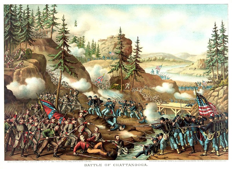 A lithograph from 1888 entitled *Battle of Chattanooga*, depicting the attack by General Thomas's troops at Orchard Knob during the Battle of Chattanooga on 24 November 1863. The attack by Union forces under General George H. Thomas near Orchard Knob as part of the three-day fighting around Chattanooga, Tennessee. Union troops (in blue uniforms carrying US flags) engaged in battle against Confederate forces (bearing the distinctive Confederate War Flag), American history, authentic, digitally restored reproduction of a 19th-century original, exact date of the depiction unknown, historical