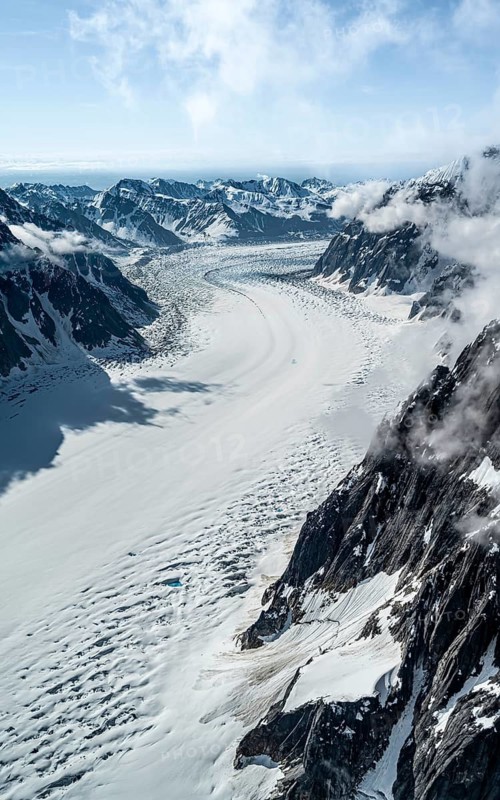 Ruth Glacier, epic mountains with large valley glacier, aerial view, Alaska Range, Denali National Park, Alaska, USA