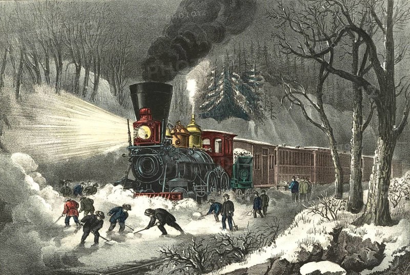 American railway. A winter scene from the 19th century, in which workers with shovels are clearing deep snow to free a steam locomotive and a stranded train.Special features: The steam locomotive, with its large front headlamp (a hallmark of American railway history from that era), beams into the dark, snow-covered woodland landscape, whilst men in the foreground busily clear the tracks, American history, authentic, digitally restored reproduction of a 19th-century original, exact date of the scene unknown, historical