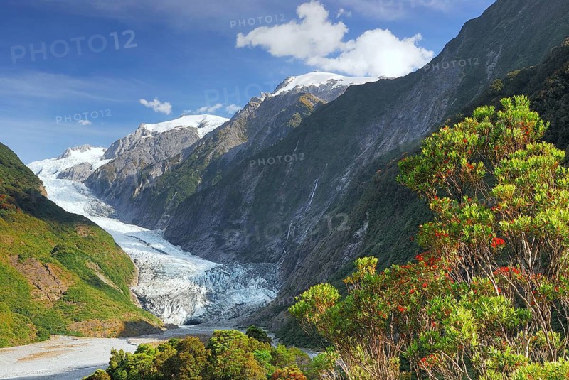 View from Sentinel Rock to Franz Josef Glacier, Westland National Park, World Heritage Site South West New Zealand, Southern Alps, West Coast, South Island New Zealand Franz Josef Glacier, Southern Alps, New Zealand
