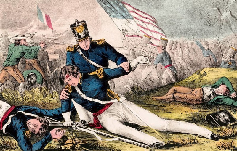 Colonel Pierce M. Butler from the Palmetto Regiment from South Carolina during the Battle of Churubusco on August 20, 1847 in the Mexican-American War, American history, authentic, digitally restored reproduction in high resolution from a 19th century original, exact date of presentation unknown, historical