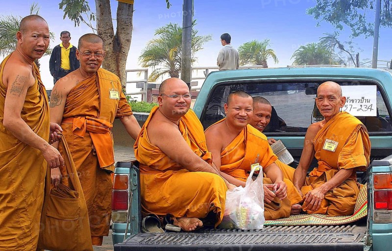 A group of laughing monks, religion, Buddhism, Thailand
