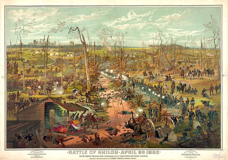 A chromolithograph depicting the Battle of Shiloh (6–7 April 1862) during the American Civil War, published in 1885 by the McCormick Harvesting Machine Company as a promotional item. The original was based on a panoramic painting (cyclorama) by the artist Théophile Poilpot. The subject: The print depicts the fierce fighting on the first day of the Battle of Pittsburg Landing, Tennessee, with Union artillery units and destroyed farm buildings visible in the foreground, American history, authentic, digitally restored reproduction of a 19th-century original, exact date of the depiction unknown, historical