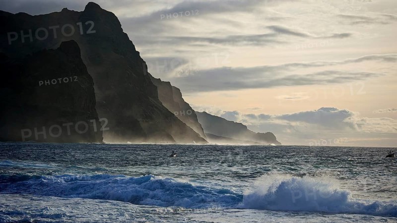 Coast with huge rocks and thundering waves under a cloudy sky, Santo Antao, Cabo Verde, Cape Verde, Cape Verde Islands