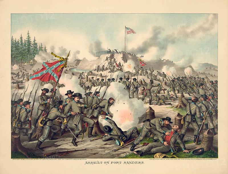 Attack on Fort Sanders during the Knoxville Campaign in the American Civil War on November 29, 1863. The decisive battle of the Knoxville Campaign, in which Confederate forces under General James Longstreet unsuccessfully attacked Union-held Fort Sanders in Knoxville, Tennessee, American history, authentic, digitally restored reproduction from a 19th-century original, exact date of depiction unknown, historical