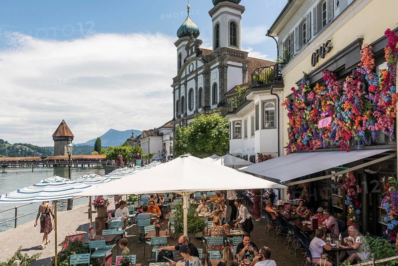 Baroque church and restaurant, Jesuit church, Old Town, Lucerne, Lake Lucerne, Canton of Lucerne, Switzerland