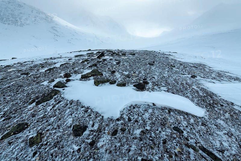 Snowy mountain landscape, Kebnekaisefjäll, Norrbotten, Lapland, Sweden, March 2018