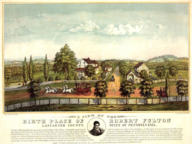 Robert Fulton's birthplace in Lancaster County, Pennsylvania. The lithograph was created by John H. Sherwin and shows a two-story stone house in a rural area. Robert Fulton was an American engineer and inventor known for developing the first commercially successful steamship, authentic, digitally restored reproduction from a 19th-century original, exact date of depiction unknown, historical