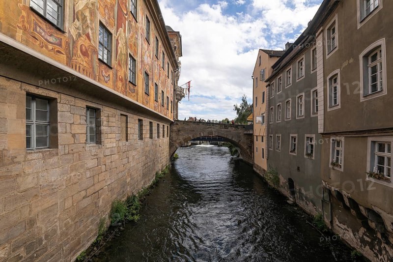 20 August 2026, views of historic buildings and Regnitz river during the 76th Bamberger Sandkirchweih in Bamberg, Bavaria, Germany