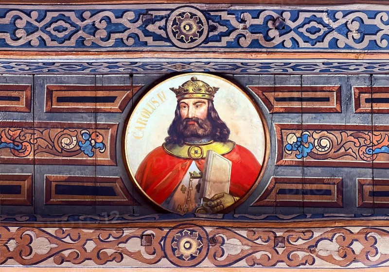 The wooden ceiling of the Upper Town Hall is painted with medallions of German emperors and kings, here Charles IV, Town Hall, Bremen, Germany