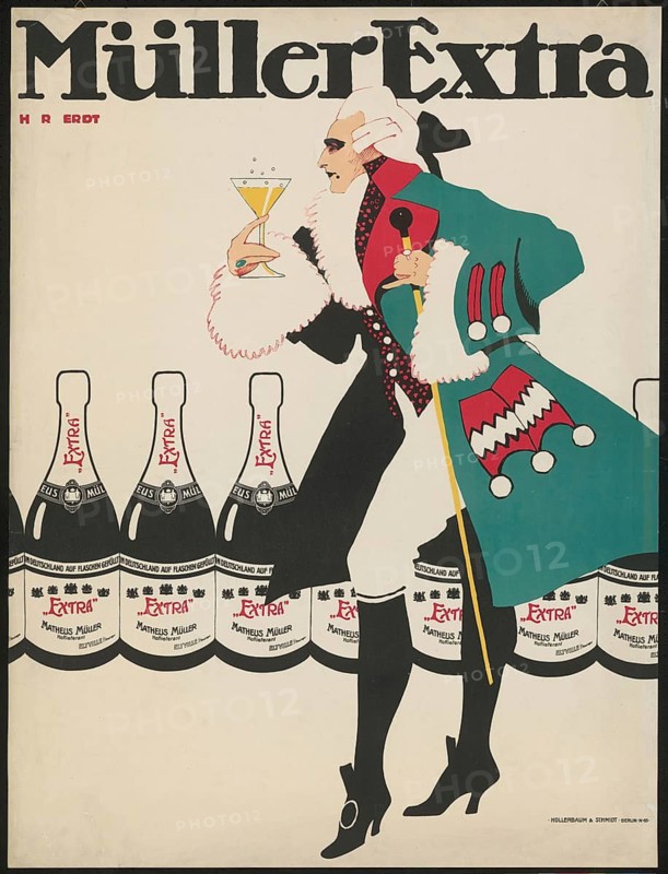 Advertising poster, beverage advertisement, advertising poster for Müller Extra sparkling wine, designed by Hans Rudi Erdt in 1908. The poster was produced by the Hollerbaum & Schmidt printing house in Berlin. It depicts an elegant figure in an eye-catching green and red robe holding a glass of sparkling wine, authentic reproduction of a historical advertising poster, advertising sign, in high resolution, historical