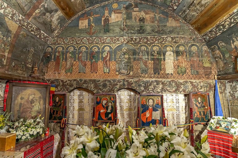 Frescoes in the interior of the wooden church in the ASTRA Museum of Traditional Folk Culture in Sibiu or Sibiu, Transylvania, Romania