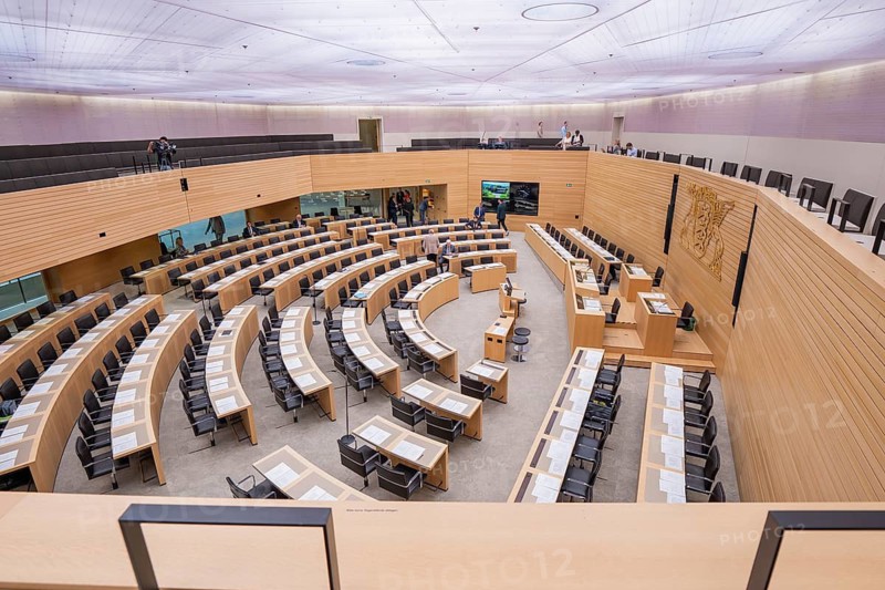 Modern meeting room with curved rows of seats and wooden architecture, Parliament of Baden-Württemberg, Stuttgart, Germany