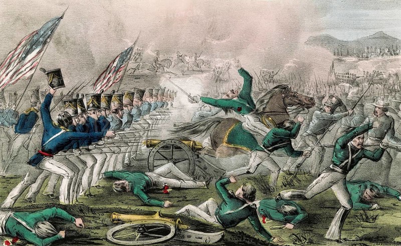 Historic lithographic print titled Battle of Churubusco depicting the Battle of Churubusco on August 20, 1847 during the Mexican-American War. The print published by Nathaniel Currier and John Cameron depicts the advance of US troops near Mexico City. On display is a battle scene with advancing American infantry, US flags, mounted soldiers as well as fallen Mexican soldiers and abandoned artillery, American history, authentic, digitally restored reproduction from a 19th-century model, exact date of depiction unknown, historical