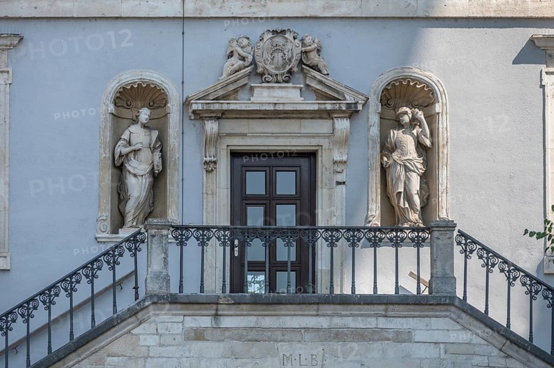 Baroque entrance portal of the town hall with a double staircase and two allegorical figure niches, Karlsplatz, Neuburg an der Donau, Upper Bavaria, Germany