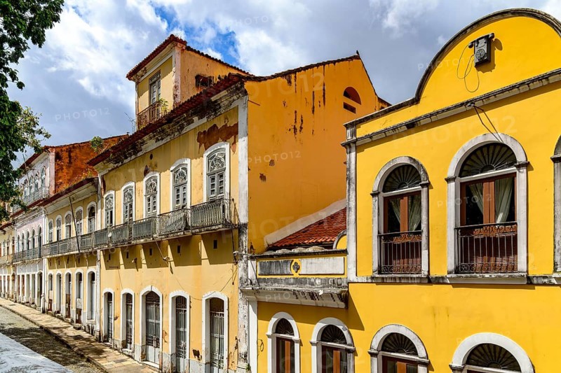 A street lined with historic colonial-style mansions in the city of Sao Luis, in the state of Maranhao