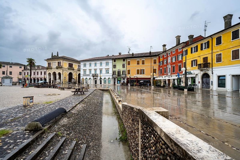Piazza Grande main square with colorful houses, Palmanova, Friuli-Venezia Giulia, Italy
