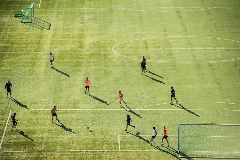 Soccer player on a soccer field, hobby soccer player, aerial view, bird's-eye view, Freiburg im Breisgau, Baden-Würtemberg, Germany