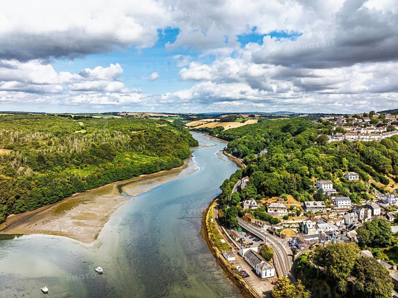 LOOE over River Looe from a drone, Cornwall, England, United Kingdom