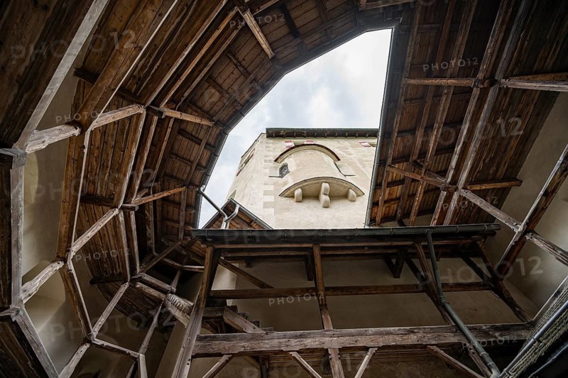 Looking up at wooden ramparts of the castle, Hohenwerfen Fortress, Werfen, Pongau, Salzburg state, Austria
