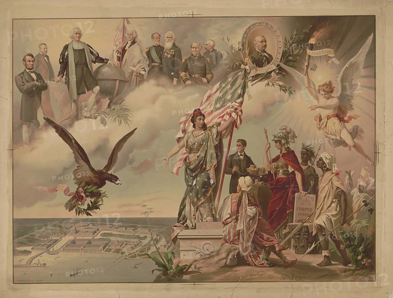 Allegorical chromolithograph by Rodolfo Morgari from 1893 entitled Reconstruction Allegory, which celebrates the history and unity of the United States. The upper section depicts important figures such as Abraham Lincoln, George Washington, Christopher Columbus and various US presidents, including Grover Cleveland. In the center and right, allegorical figures such as Columbia with the US flag, Justice with the book Corpus Juris and Symbols of Progress represent the nation's achievements, American history, authentic, digitally restored reproduction in high resolution from a 19th-century original, exact date of presentation unknown, historical