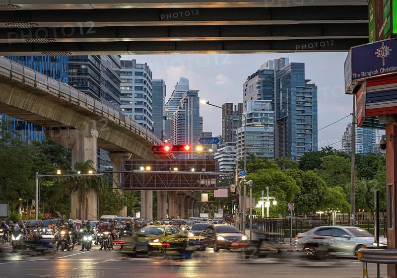 Bangkok, Thailand. August 14th 2026. A busy traffic intersection in downtown central Bangkok during the evening rush hour, the Thai capital has suffered from heavy congestion leading to increased carbon emissions and air pollution. Thailand