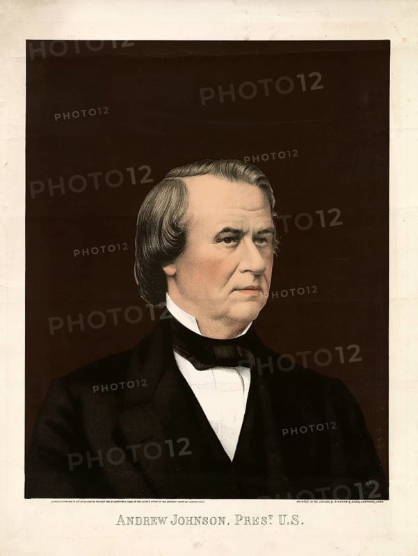 Andrew Johnson, the 17th President of the United States. He took office in 1865 following the assassination of Abraham Lincoln. His presidency was heavily marked by conflicts with Congress during the Reconstruction phase. He was the first US president against whom impeachment proceedings, impeachment, were initiated, but which he barely survived in the Senate in 1868, American history, authentic, digitally restored reproduction from a 19th-century model, exact date of presentation unknown, historical