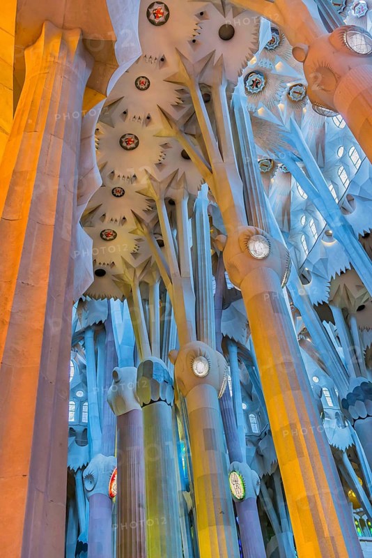 Interior view of the Familia Sagrada by the architect Antonio Gaudi in Barcelona, Spain