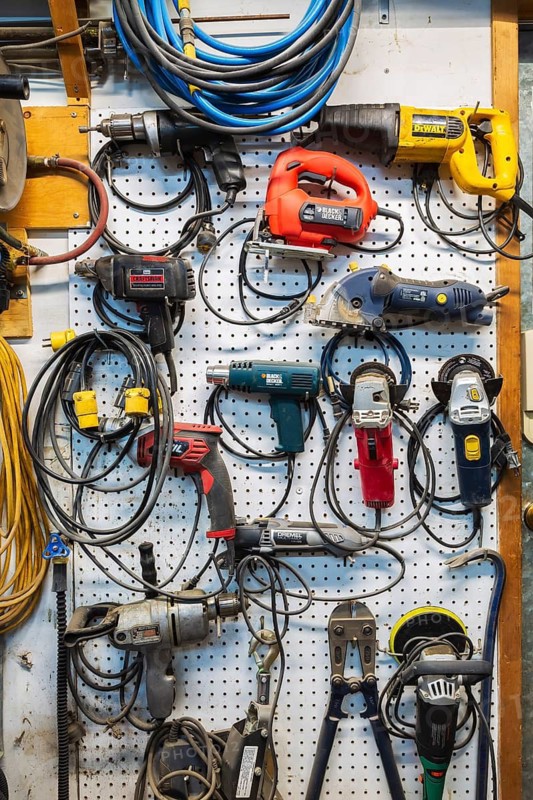 Various electric power tools including drills, circular sanders, jig saw hanging on white pegboard in home garage workshop, Quebec, Canada