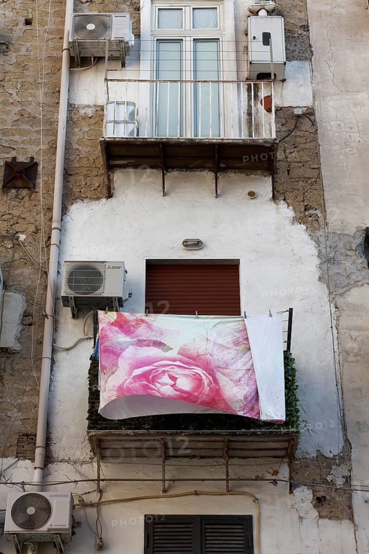 Dilapidated house facades in Quartieri Spagnoli, a balcony with a large rose on the sheets, Spanish Quarter, Naples, Campania, Italy