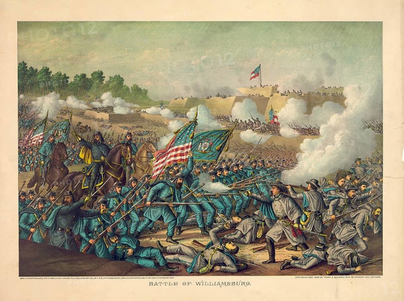 Battle of Williamsburg, Gen. Hancock's charge, of May 5, 1862. Depicted is the decisive counterattack by Union forces led by General Winfield Scott Hancock during the Peninsula campaign in the American Civil War, authentic, digitally restored reproduction in high resolution from a 19th century original, exact date of presentation unknown, American history, historical
