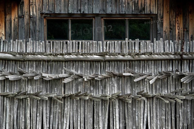Huinzen, dry sticks hang from a wooden barn, woodshed, near Oberstdorf, Oberallgäu, Allgäu, Bavaria, Germany