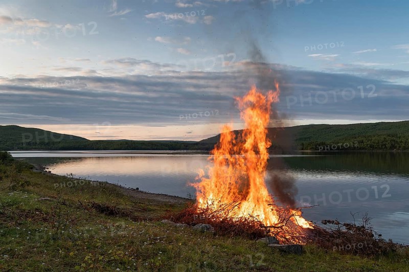 Midsummer night fire, Mantojärvi, Utsjoki or Ohcejohka, Lapland, Finland