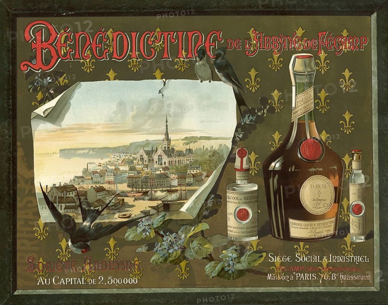 Advertising poster, drinks advertisement, advertisement from 1891 promoting the French herbal liqueur Benedictine from Fécamp. The poster shows the distinctive liqueur bottle alongside a view of Fécamp Abbey.The brand name D.O.M. stands for Deo Optimo Maximo (To God, the Best and Greatest), an authentic reproduction of a historical advertising poster or sign, in high resolution