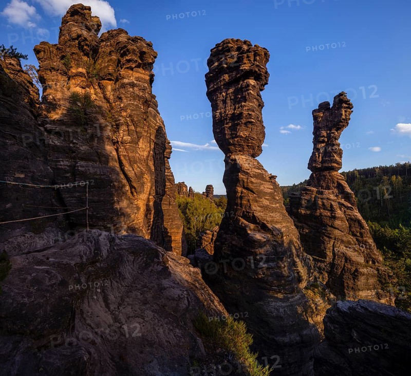 Rock towers of Hercules columns made of weathered sandstone in the Biela Valley, Rosenthal-Bielatal, Saxony, Germany