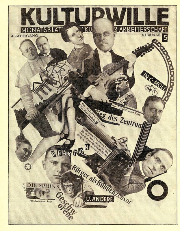 Kulturwille, monthly bulletin of workers' culture, 4th year, 1927, issue 5, magazine, twenties, collage of leading figures with political motifs, sheet music and newspaper clippings in black and white, title, Max Schwimmer