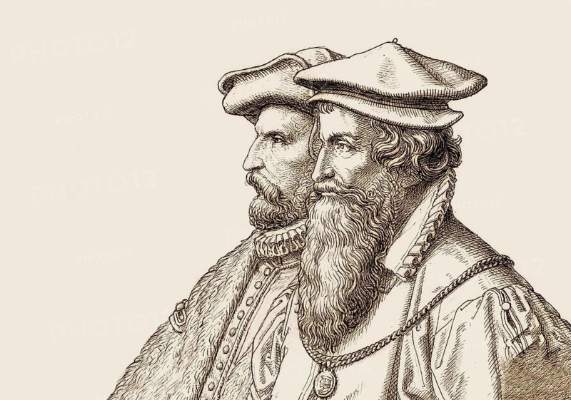The cartographers Gerhard Mercator and Abraham Ortelius, digitally edited based on a historical medal from 1870