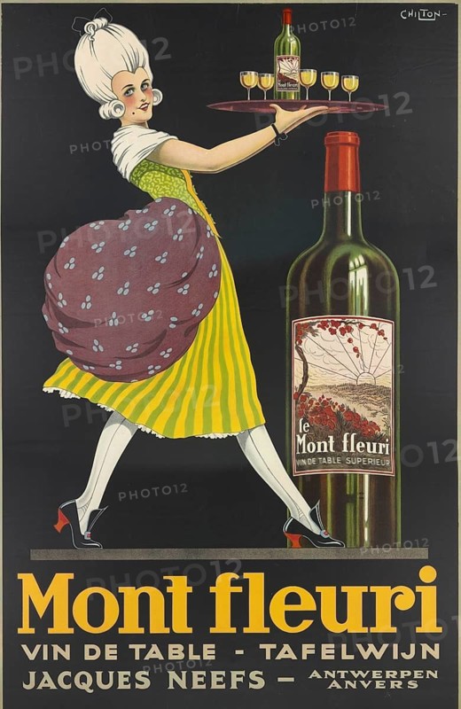 Advertising poster, beverage advertisement, advertisement for Mont Fleuri, a French table wine, 1925, art deco style advertising poster depicting an elegantly dressed woman with white powdered upcoat balancing a bottle and filled glasses on a serving tray, authentic reproduction of a historical advertising poster, advertising sign, in high resolution, historical