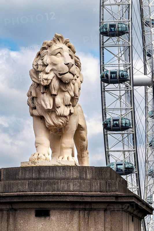 Cast from Coade stone in 1837 by William Frederick Woodington, the South Bank Lion once crowned the Lion Brewery on the Thames before moving to Waterloo and finally to Westminster Bridge in 1966. It now stands beside the London Eye near County Hall, London, England, United Kingdom