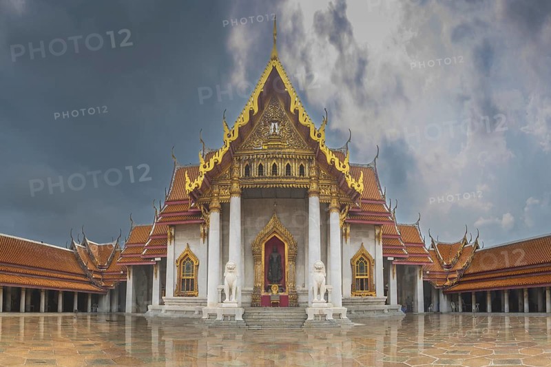 Abandoning thunderstorm over the marble temple, made of Carrara marble, Wat Benchamabopit, back of the Ubosot, Buddhist temple in the Dusit district, Bangkok, Central Thailand, Thailand