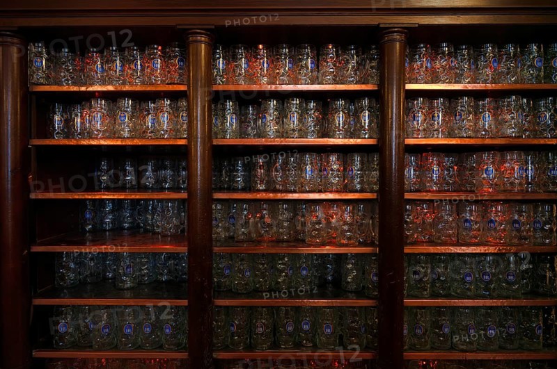 Interior view, shelf, beer mugs, glass mugs, custom jugs, Münchner Hofbräuhaus, Platzl, Brauerei Hofbräu, Munich, Bavaria, Germany